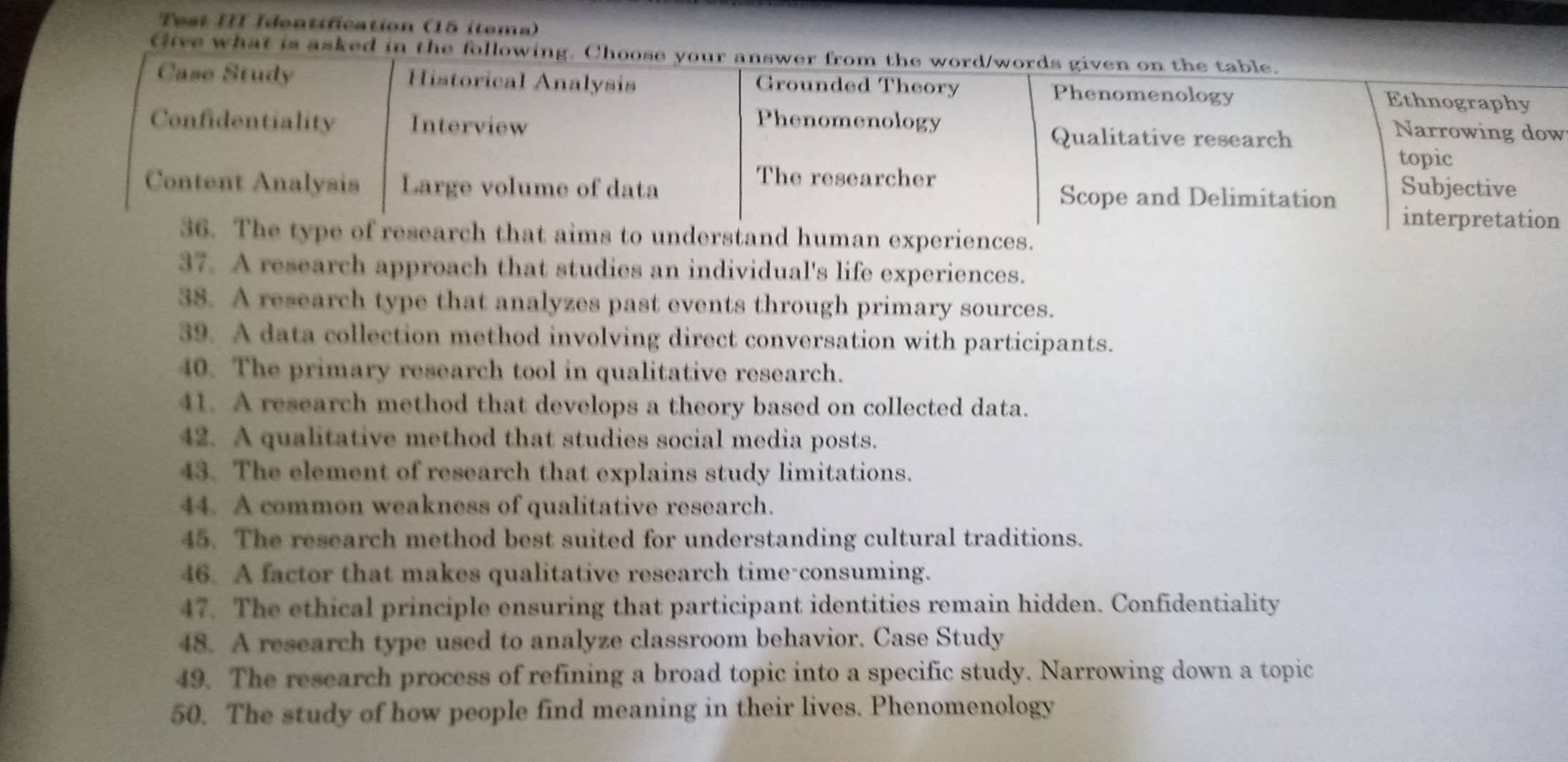 Test III Ideatification (15 itema) 
tlive what is asked in the following. Choos 
w 
stand human experiences. 
37. A research approach that studies an individual's life experiences. 
38. A research type that analyzes past events through primary sources. 
39. A data collection method involving direct conversation with participants. 
40. The primary research tool in qualitative research. 
41. A research method that develops a theory based on collected data. 
42. A qualitative method that studies social media posts. 
43. The element of research that explains study limitations. 
44. A common weakness of qualitative research. 
45. The research method best suited for understanding cultural traditions. 
46. A factor that makes qualitative research time-consuming. 
47. The ethical principle ensuring that participant identities remain hidden. Confidentiality 
48. A research type used to analyze classroom behavior. Case Study 
49. The research process of refining a broad topic into a specific study. Narrowing down a topic 
50. The study of how people find meaning in their lives. Phenomenology