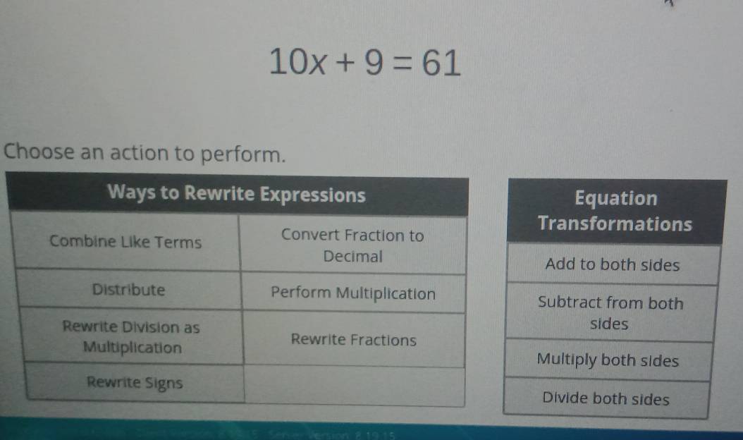 10x+9=61
Choose an action to perform.