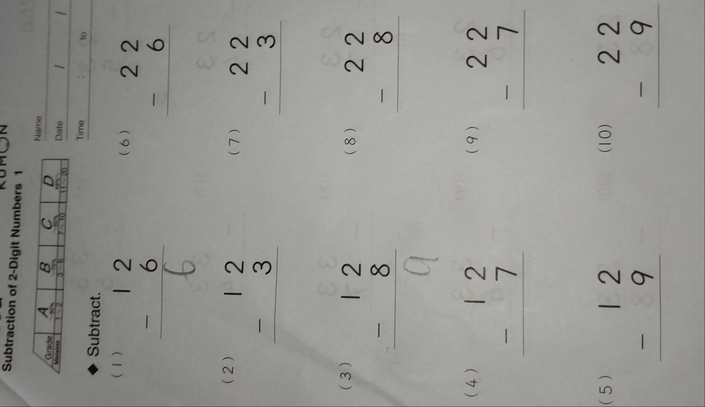 Subtraction of 2-Digit Numbers 1
ame
_
_
ate 1 |
_
Time
to
Subtract.
(1)
-
(6 )
beginarrayr 22 -6 hline endarray
(2)
beginarrayr 12 -3 hline endarray
(7 )
beginarrayr 22 -3 hline endarray
3  (8 )
beginarrayr 22 -8 hline endarray
( 4) (9)
beginarrayr 12 -7 hline endarray
beginarrayr 22 -7 hline endarray
(5 ) (10)
beginarrayr 12 -9 hline endarray
beginarrayr 22 -9 hline endarray