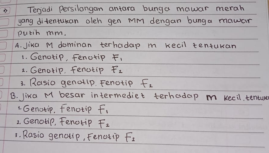 Terjadi Persilangan antara bunga mawar merah
yang ditentukan oleh gen Mm dengan bunga mawar
putih mnn.
A. Jika M dominan terhadap m Kecil tentukan
1. Genotip, Fenotip F,
2. Genotip. Fenctip F_2
3. Rasio genotip. Fenotip F_2
B. Jika M besar intermediet terhadap m Kecil. tenture
1. Genotip, Fenotip F,
2. Genctip, Fenctip F_2
3. Rasio genctip, Fenctip F_2