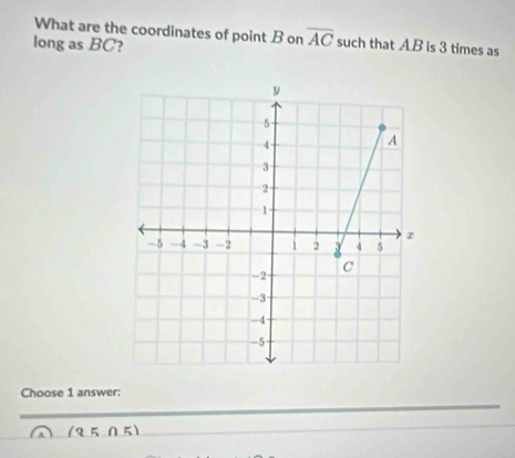 What are the coordinates of point B on overline AC such that A. B is 3 times as
long as BC?
Choose 1 answer:
(3505)