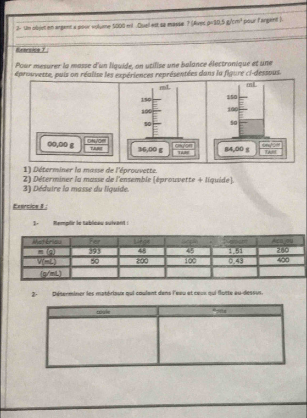 2- Un objet en argent a pour volume 5000 ml Quel est sa masse ? (Avec rho =10.5g/cm^3 pour l'argent ).
_
Exercice 7 :
Pour mesurer la masse d'un liquide, on utilise une balance électronique et une
éprouvette, puis on réalise les expériences représentées dans la figure ci-dessous.
00,00 g ON/OH
TARE
1) Déterminer la masse de l'éprouvette.
2) Déterminer la masse de l'ensemble (éprouvette + liquide).
3) Déduire la masse du liquide.
Exercice 8 :
1- Remplir le tableau sulvant :
2- Déterminer les matériaux qui coulent dans l'eau et ceux qui flotte au-dessus.