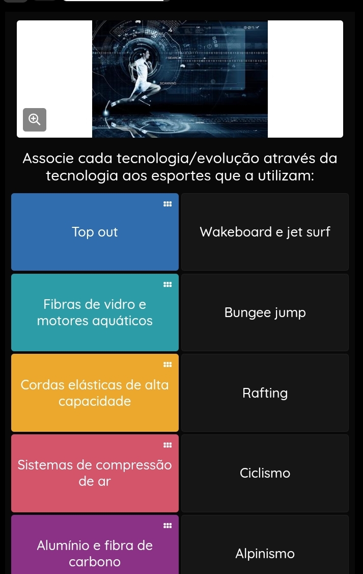 Associe cada tecnologia/evolução através da 
tecnologia aos esportes que a utilizam: 
Alpinismo 
carbono
