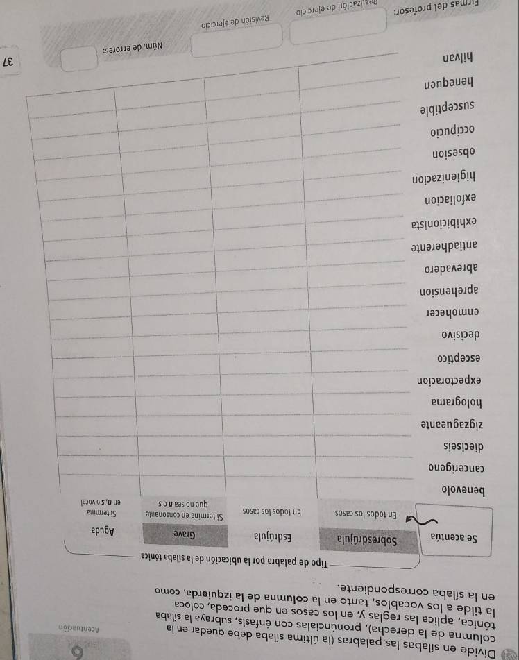 Divide en sílabas las palabras (la última sílaba debe quedar en la Acentuación 
columna de la derecha), pronúncialas con énfasis, subraya la sílaba 
tónica, aplica las reglas y, en los casos en que proceda, coloca 
la tilde a los vocablos, tanto en la columna de la izquierda, como 
en la sílaba correspondiente. 
37 
Pealización de ejercicio Revisión de ejercicio 
Firmas del profesor:
