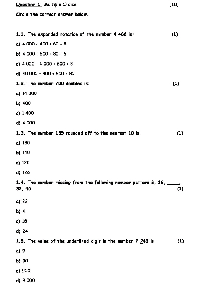 [10]
Circle the correct answer below.
1.1. The expanded notation of the number 4 468 is: (1)
a) 4000+400+60+8
b) 4000+600+80+6
c) 4000+4000+600+8
d) 40000+400+600+80
1.2. The number 700 doubled is: (1)
a) 14 000
b) 400
c) 1 400
d) 4 000
1.3. The number 135 rounded off to the nearest 10 is (1)
a) 130
b) 140
c) 120
d) 126
1.4. The number missing from the following number pattern 8, 16,_
32,40 (1)
a) 22
b) 4
c) 18
d) 24
1.5. The value of the underlined digit in the number 7 943 is (1)
a) 9
b) 90
c) 900
d) 9 000