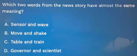 Which two words from the news story have almost the same
meaning?
A. Sensor and wave
B. Move and shake
C. Table and train
D. Governor and scientist