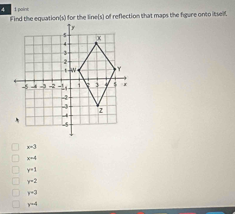 4 1 point
Find the equation(s) for the line(s) of reflection that maps the fgure onto itself.
x=3
x=4
y=1
y=2
y=3
y=4