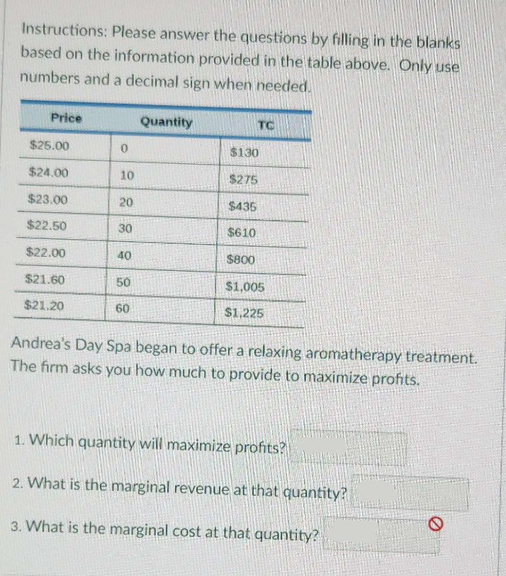 Instructions: Please answer the questions by filling in the blanks 
based on the information provided in the table above. Only use 
numbers and a decimal sign when needed. 
Andrea's Day Spa began to offer a relaxing aromatherapy treatment. 
The firm asks you how much to provide to maximize profts. 
1. Which quantity will maximize profts? □ 
2. What is the marginal revenue at that quantity? a_□ 
3. What is the marginal cost at that quantity?  1/2 