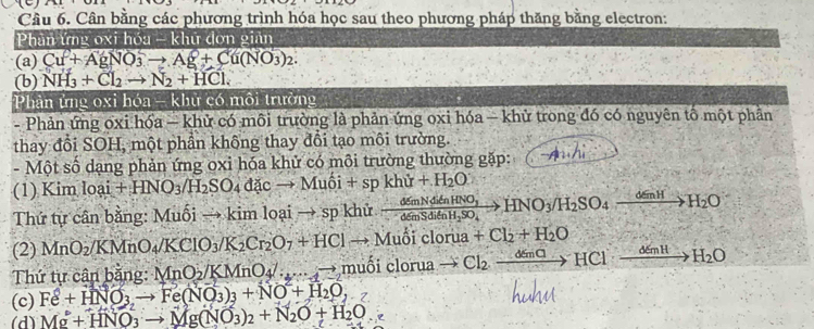 A1
Câu 6. Cân bằng các phương trình hóa học sau theo phương pháp thăng bằng electron:
Phan ứng oxi hóa - khứ đơn giản
(a) Cu^2+AgNO_3^(2to Ag+Cu(NO_3))_2.
(b) NH_3+Cl_2to N_2+HCl.
Phản ứng oxi hóa - khử có môi trường
- Phản ứng oxi hóa — khử có môi trường là phản ứng oxi hóa — khử trong đó có nguyên tố một phân
thay đổi SOH, một phần khống thay đổi tạo môi trường.
- Một số dạng phản ứng 0xi hóa khử có môi trường thường gặp:
(1) Kim loại +HNO_3/H_2SO_4dicto Muhat oi+spkhir+H_2O
Thứ tự cân bằng: Muhat oito kimloaito spkhir. xrightarrow demNditnHNO_3HNO_3/H_2SO_4xrightarrow demHH_2O
+Cl_2+H_2O
(2) MnO_2/KMnO_4/KClO_3/K_2Cr_2O_7+HClto Muoiclorua ruato Cl_2to HClto HClto H_2O
Thứ tự cân bằng: MnO_2/KMnO_4/_ to  m uhat 0iclo
(c) Fe+HNO_3to Fe(NO_3)_3+NO+H_2O,
(d) Mg+HNO_3to Mg(NO_3)_2+N_2O+H_2O