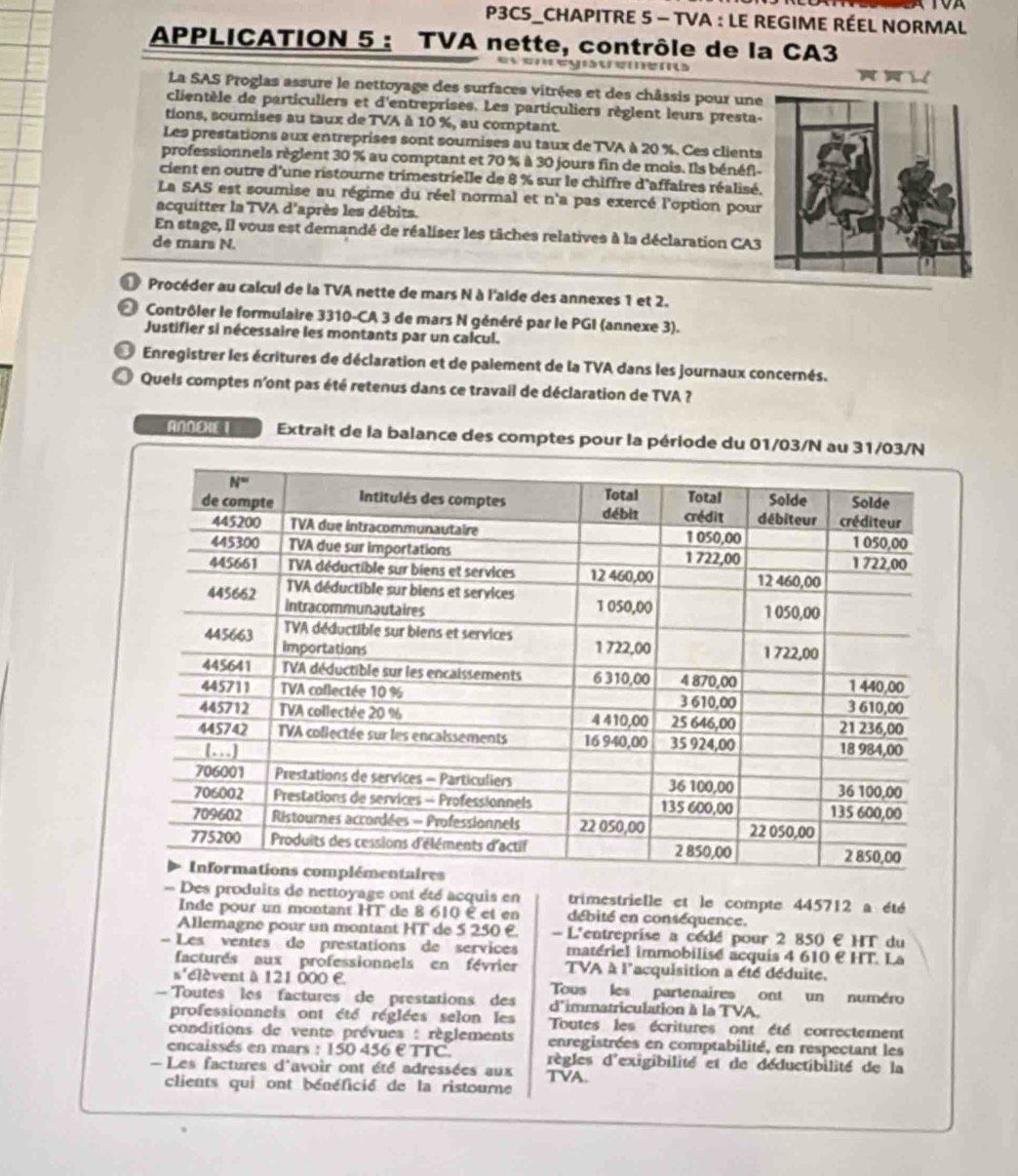 P3CS_CHAPITRE 5 - TVA : LE REGIME RÉEL NORMAL
APPLICATION 5 : TVA nette, contrôle de la CA3
Eyovememo
La SAS Proglas assure le nettoyage des surfaces vitrées et des châssis pour une
clientèle de particuliers et d'entreprises. Les particuliers règlent leurs presta-
tions, soumises au taux de TVA à 10 %, au comptant.
Les prestations aux entreprises sont soumises au taux de TVA à 20 %. Ces clients
professionnels règlent 30 % au comptant et 70 % à 30 jours fin de mois. Ils bénéfl-
cient en outre d'une ristourne trimestrielle de 8 % sur le chiffre d'affaires réalisé.
La SAS est soumise au régime du réel normal et n'a pas exercé l'option pour
acquitter la TVA d'après les débits.
En stage, il vous est demandé de réaliser les tâches relatives à la déclaration CA3
de mars N.
D Procéder au calcul de la TVA nette de mars N à l'aide des annexes 1 et 2.
a Contrôler le formulaire 3310-CA 3 de mars N généré par le PGI (annexe 3).
Justifier si nécessaire les montants par un calcul.
Enregistrer les écritures de déclaration et de paiement de la TVA dans les journaux concernés.
Queis comptes n'ont pas été retenus dans ce travail de déclaration de TVA ?
ANNEXE I Extrait de la balance des comptes pour la période du 01/03/N au 31/03/N
- Des produits de nettoyage ont été acquis en trimestrielle et le compte 445712 a été
Inde pour un montant HT de 8 610 é et en débité en conséquence.
Allemagne pour un montant HT de 5 250 €. - L'entreprise a cédé pour 2 850 € HT du
- Les ventes de prestations de services matériel immobilisé acquis 4 610 e HT. La
facturés aux professionnels en février TVA à l'acquisition a été déduite.
s° elèvent à 121 000 E Tous les partenaires ont un numéro
- Toutes les factures de prestations des d'immatriculation à la TVA.
professionnels ont été réglées selon les Toutes les écritures ont été correctement
conditions de vente prévues : règlements enregistrées en comptabilité, en respectant les
encaissés en mars : 150 456 € TTC. règles d'exigibilité et de déductibilité de la
Les factures d'avoir ont été adressées aux TVA.
clients qui ont bénéficié de la ristourne