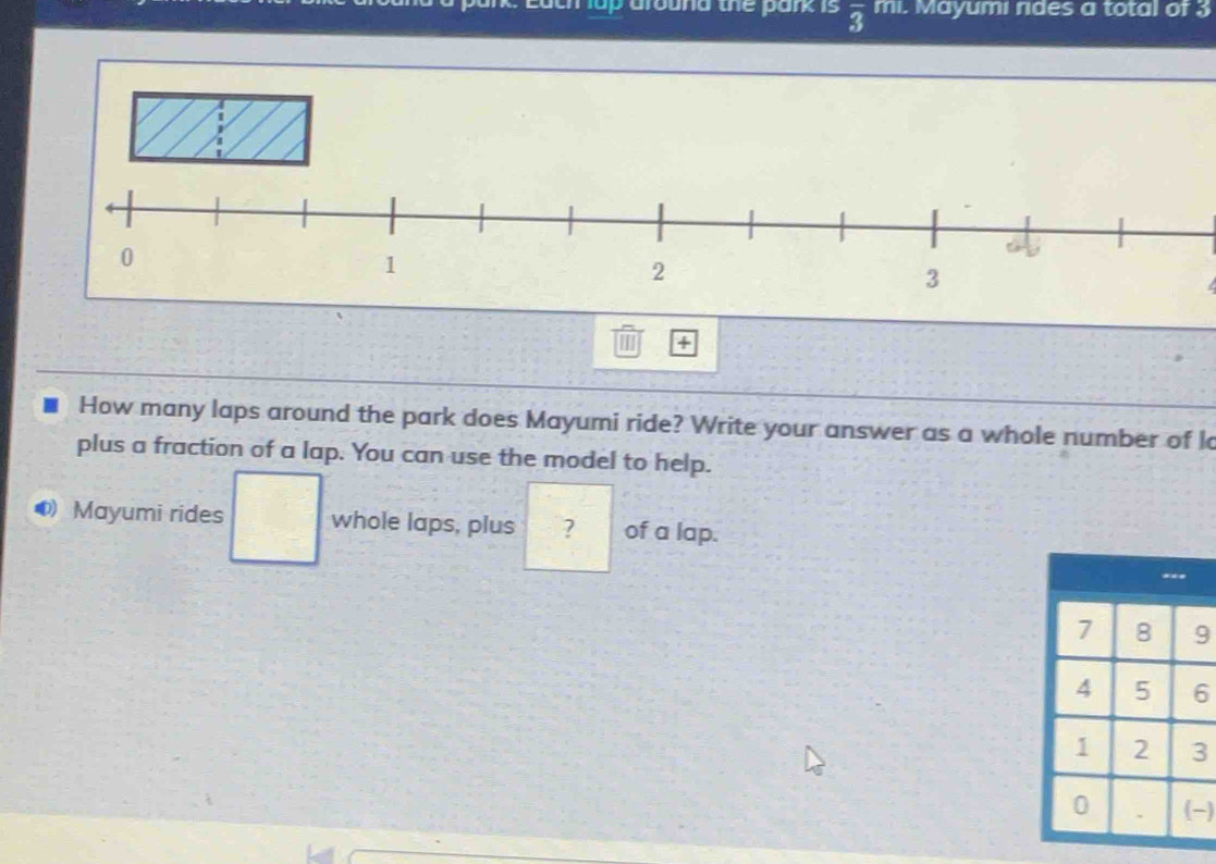 up dround the park is overline 3 mi. Mayumi rdes a total of 3
| + 
How many laps around the park does Mayumi ride? Write your answer as a whole number of l 
plus a fraction of a lap. You can use the model to help. 
) Mayumi rides whole laps, plus ? of a lap.
9
6
3
-)