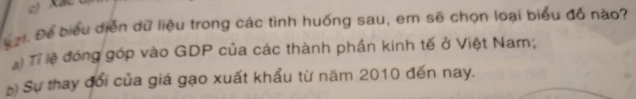 yer. Để biểu diễn dữ liệu trong các tình huống sau, em sẽ chọn loại biểu đồ nào? 
) Tỉ lệ đóng góp vào GDP của các thành phần kinh tế ở Việt Nam; 
Sự thay đổi của giá gạo xuất khẩu từ năm 2010 đến nay.