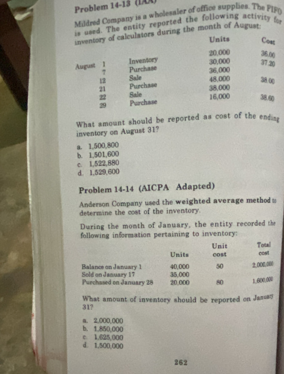 Problem 14-13 (IAA)
Mildred Company is a wholesaler of office supplies. The FIF()
is used. The entity reported the following activity for
inventory of calculators during the month of August:
Units Cost
20,000 36.00
Inventory 30,000 37.20
Auguet  Purchase
36,000
12 Sale
48,000 38.00
21 Purchase
38,000
22 Sale
16,000 38.60
29 Purchase
What amount should be reported as cost of the ending
inventory on August 31?
a. 1,500,800
b. 1,501,600
c. 1,522,880
dà 1,529,600
Problem 14-14 (AICPA Adapted)
Anderson Company used the weighted average method t
determine the cost of the inventory.
During the month of January, the entity recorded the
following information pertaining to inventory:
Unit Total
Units cost cost
Balance on January 1 40,000 50 2,000,000
Sold on January 17 35,000
Purchased on January 28 20,000 80 1,600,000
What amount of inventory should be reported on January
31?
a. 2,000,000
b. 1,850,000
c. 1,625,000
d. 1,500,000
262