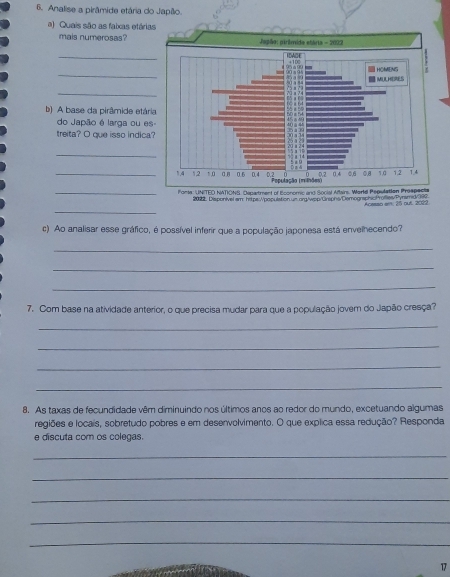 Analise a pirâmide etária do Japilo. 
a) Quais são as faixas etária 
mais numerosas? 
_ 
_ 
_ 
b) A base da pirâmide etár 
do Japão é larga ou e 
treita? O que isso indica 
_ 
_ 
_ Ponte: UNITED NATIONS. Dspartment of Economic and Social Aflairs. World Pepulation Prespects 
_ 
20. Disponivel am: hitps://population.um.org/wpp/Cirsphs/Demographic/Profies/Pyrsmd/399 Acmsan e 25 nué andd 
c) Ao analisar esse gráfico, é possível inferir que a população japonesa está envelhecendo? 
_ 
_ 
_ 
7. Com base na atividade anterior, o que precisa mudar para que a população jovern do Japão cresça? 
_ 
_ 
_ 
_ 
8. As taxas de fecundidade vêm diminuindo nos últimos anos ao redor do mundo, excetuando algumas 
regiões e locais, sobretudo pobres e em desenvolvimento. O que explica essa redução? Responda 
e discuta com os colegas. 
_ 
_ 
_ 
_ 
_ 
17