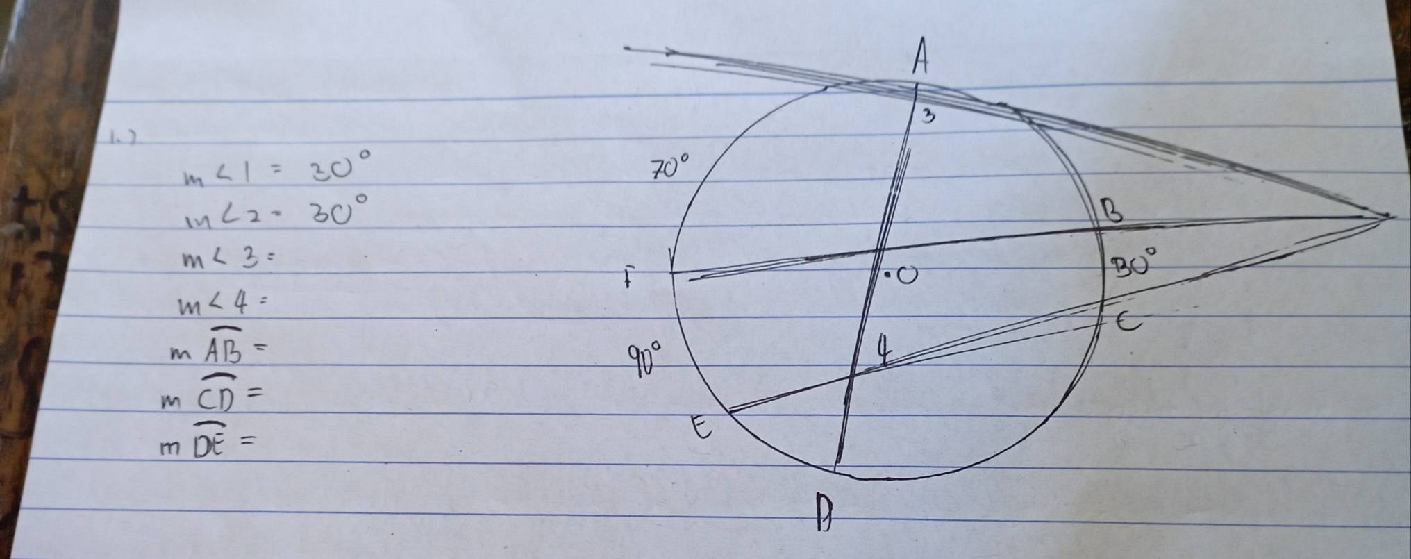 )
m∠ 1=30°
m∠ 2=30°
m∠ 3=
m∠ 4=
mwidehat AB=
moverline CD=
mwidehat DE=