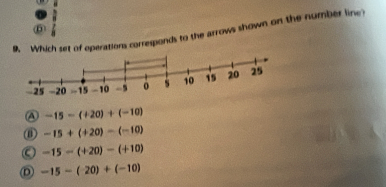 ⑥
9. Which set of operations corresponds to the arrows shown on the number line
-15-(+20)+(-10)
a -15+(+20)-(-10)
-15-(+20)-(+10)
-15-(-20)+(-10)