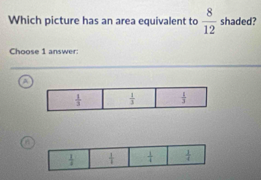 Which picture has an area equivalent to  8/12  shaded?
Choose 1 answer:
a