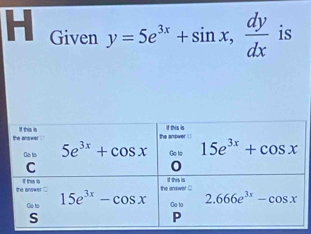 y=5e^(3x)+sin x, dy/dx 
H Given is