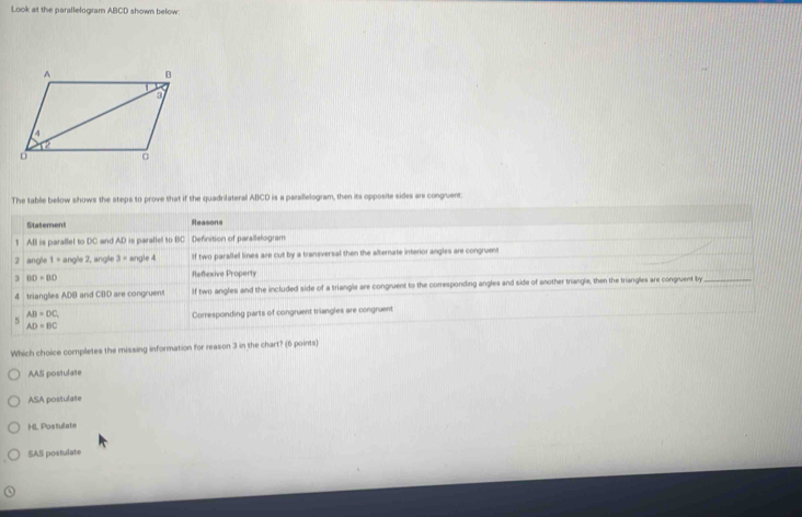 Look at the parallelogram ABCD shown below:
The table bellow shows the steps to prove that if the quadrilateral ABCD is a parallelogram, then its opposite sides are congruent:
Statement Reasons
1 ABl is parallel to DC and AD is parallel to BC Definition of parallelogram
2 angle 1= angle 2, angle 3= angle 4 If two parallel lines are cut by a transversal then the alternate interor angles are congruenst
3 BD=BO Reftexive Property
4 triangles ADB and CBD are congruent If two angles and the included side of a triangle are congruent to the corresponding angles and side of another triangle, then the triangles are congruent by_
5 Corresponding parts of congruent triangles are congruent
AB=DC
AD=BC
Which choice completes the missing information for reason 3 in the chart? (6 points)
AAS postulate
ASA postulate
HL Postulate
SAS postulate
