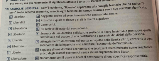 sto senso, ma più raramente. Il significato attuale é un altro. Cercalo s 
10 FAMIGLIE LESSICALI Com’è evidente, "liberale" appartiene alla famiglia lessicale che ha radice "li-
ber-'. Nello schema seguente, associa ogni termine del campo lessicale con il suo corretto significato.
1 Liberista A] Soggetto dedito ad avventure erotiche con svariate donne.
Atto con il quale si riceve o si dà la libertà a qualcuno.
2 Liberalità [c] Generosità.
Liberatoria [p] Ex schiavo liberato dal suo padrone.
4] Libertario Seguace di una dottrina política che sostiene la libera iniziativa e promuove quella
individuale nel quadro di una costituzione a garanzia dei diritti della persona.
5] Liberale F Atteggiamento di estrema tolleranza e rispetto della libertà altrui, contrario a ogni
6 Libertino intervento della legge che miri a limitare l’autonomia dell’individuo.
7 Liberto 6] Seguace di una dottrina economica che teorizza il libero mercato come regolatore
unico degli scambi economici, senza alcuna ingerenza dello Stato.
§ Liberazione H Documento con il quale sí libera il destinatario di una specifica responsabilità.