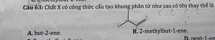 Chất X có công thức cấu tạo khung phân tử như sau có tên thay thế là
A. but -2 -ene. B. 2 -methylbut -1 -ene.
D. nent -1 -er