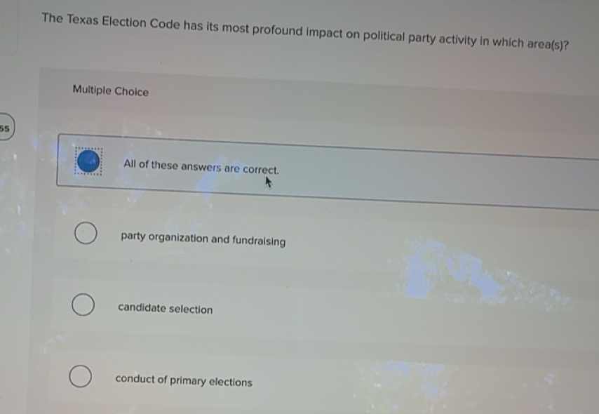 Solved: The Texas Election Code has its most profound impact on ...