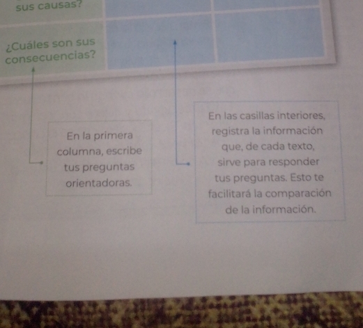 sus causas? 
¿Cuáles son sus 
consecuencias? 
En las casillas interiores, 
En la primera registra la información 
columna, escribe que, de cada texto, 
tus preguntas sirve para responder 
orientadoras. tus preguntas. Esto te 
facilitará la comparación 
de la información.