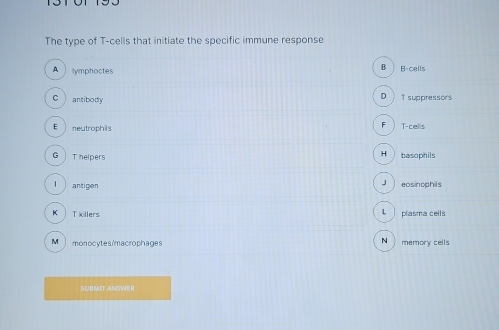 The type of T-cells that initiate the specific immune response
A lymphoctes B ) B-cells
C antibody D  T suppressors
E neutrophils F T-cels
G T helpers H basophils
l antigen J eosinophils
K T killers L plasma cells
M monocytes/macrophages N memory cells
SUBMIT ANSWER.