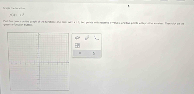 Graph the function.
f(x)=-2x^2
Plot five points on the graph of the function: one point with x=0 0, two points with negative x -values, and two points with positive x -values. Then click on the 
graph-a-function button. 
×