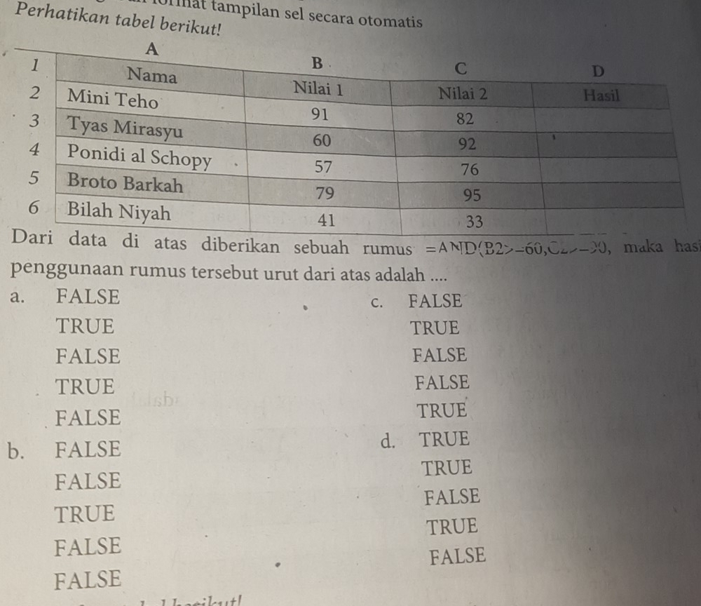 101 at tampilan sel secara otomatis
Perhatikan tabel berikut!
iberikan sebuah rumus =AND(B2>-60, C_2--30 , maka has
penggunaan rumus tersebut urut dari atas adalah ....
a. FALSE c. FALSE
TRUE TRUE
FALSE FALSE
TRUE FALSE
FALSE TRUE
b. FALSE d. TRUE
FALSE TRUE
TRUE FALSE
TRUE
FALSE
FALSE
FALSE