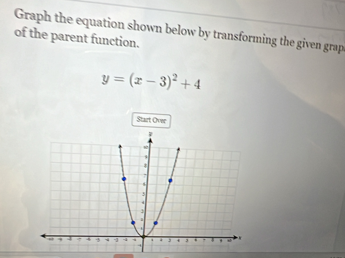 Graph the equation shown below by transforming the given grap 
of the parent function.
y=(x-3)^2+4
Start Over