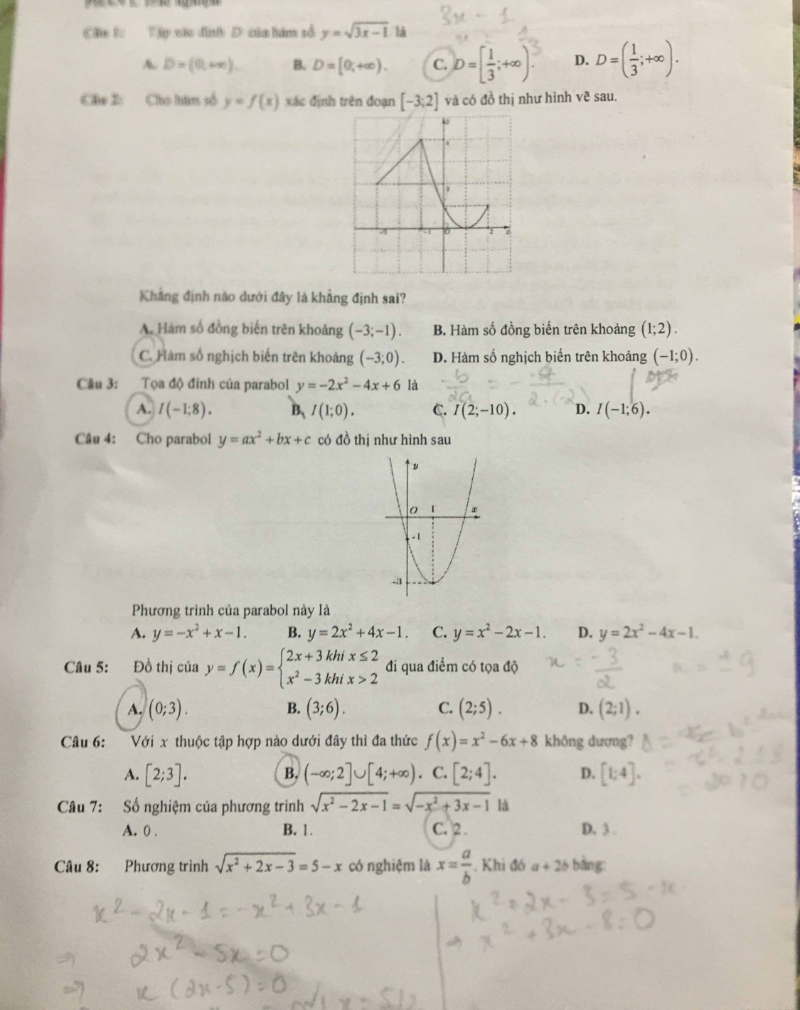 Cầu l: Tập vậo đnh D của hám số y=sqrt(3x-1) là
A D=(0,+∈fty ). B. D=[0,+∈fty ). C. D=[ 1/3 ;+∈fty ). D. D=( 1/3 ;+∈fty ).
Câu I: Cho hữm số y=f(x) xác định trên đoạn [-3;2] và có đồ thị như hình vẽ sau.
Khẳng định nào dưới đây là khẳng định sai?
A. Hàm số đồng biến trên khoảng (-3;-1). B. Hàm số đồng biến trên khoảng (1;2).
C. Hàm số nghịch biến trên khoảng (-3;0). D. Hàm số nghịch biến trên khoảng (-1;0).
Câu 3: Tọa độ đinh của parabol y=-2x^2-4x+6 là
A. I(-1;8). B、 I(1;0). C. I(2;-10). D. I(-1;6).
Câu 4: Cho parabol y=ax^2+bx+c có đồ thị như hình sau
Phương trình của parabol này là
A. y=-x^2+x-1. B. y=2x^2+4x-1. C. y=x^2-2x-1. D. y=2x^2-4x-1.
Câu 5: Đồ thị của y=f(x)=beginarrayl 2x+3khix≤ 2 x^2-3khix>2endarray. đi qua điểm có tọa độ
C.
A. (0;3). (3;6). (2;5). D. (2;1).
B.
Câu 6: Với x thuộc tập hợp nào dưới đây thì đa thức f(x)=x^2-6x+8 không dượng?
A. [2;3]. (-∈fty ;2]∪ [4;+∈fty ). C. [2;4]. D. [1;4].
B.
Câu 7: Số nghiệm của phương trình sqrt(x^2-2x-1)=sqrt(-x^2+3x-1) là
A. 0 . B. 1. C. 2 . D. 3 .
Câu 8: Phương trình sqrt(x^2+2x-3)=5-x có nghiệm là x= a/b . Khi đó a+2b bàng: