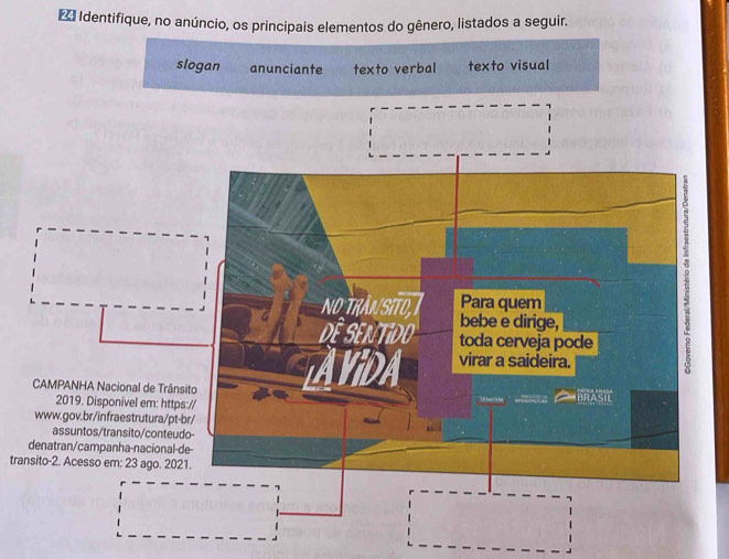 € Identifique, no anúncio, os principais elementos do gênero, listados a seguir. 
transito -2. Acesso em: 23 ago. 2021.