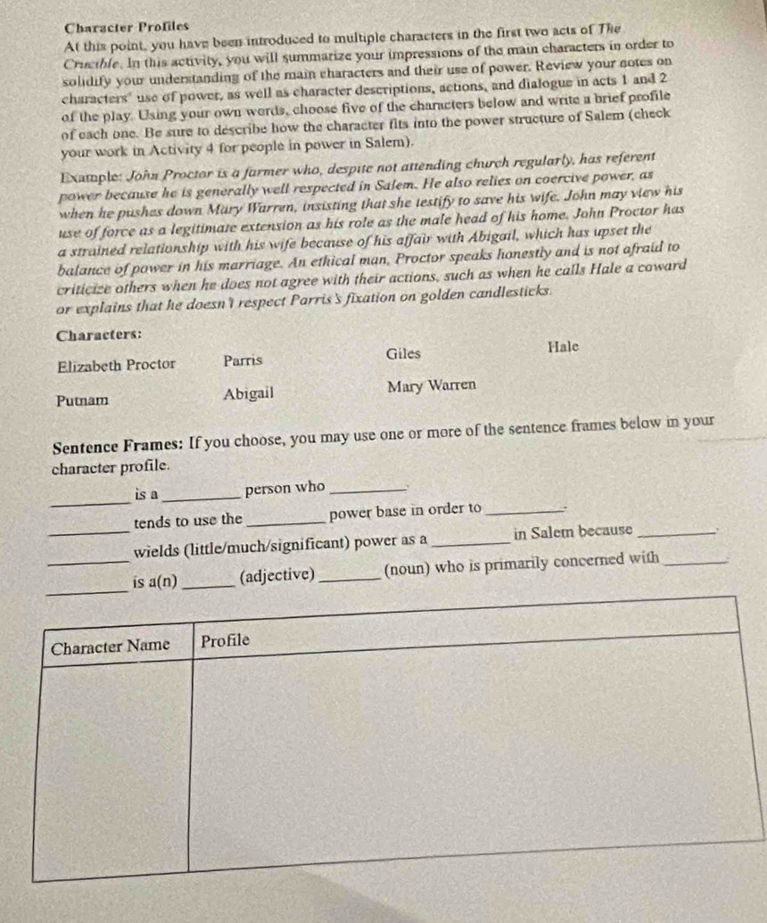 Character Profiles 
At this point, you have been introduced to multiple characters in the first two acts of The 
Cructble. In this activity, you will summarize your impressions of the main characters in order to 
solidify your understanding of the main characters and their use of power. Review your notes on 
characters" use of power, as well as character descriptions, actions, and dialogue in acts 1 and 2
of the play. Using your own words, choose five of the characters below and write a brief profile 
of each one. Be sure to describe how the character fits into the power structure of Salem (check 
your work in Activity 4 for people in power in Salem). 
Exatople: John Proctor is a farmer who, despite not attending church regularly, has referent 
power because he is generally well respected in Salem. He also relies on coercive power, as 
when he pushes down Mary Warren, insisting that she testify to save his wife. John may view his 
use of force as a legitimate extension as his role as the male head of his home. John Proctor has 
a strained relationship with his wife because of his affair with Abigail, which has upset the 
balance of power in his marriage. An ethical man, Proctor speaks honestly and is not afraid to 
criticize others when he does not agree with their actions, such as when he calls Hale a coward 
or explains that he doesn't respect Parris's fixation on golden candlesticks. 
Characters: 
Giles 
Elizabeth Proctor Parris Hale 
Putnam Abigail Mary Warren 
Sentence Frames: If you choose, you may use one or more of the sentence frames below in your 
character profile. 
_ 
is a _person who_ 
tends to use the _power base in order to _. 
_wields (little/much/significant) power as a _in Salem because_ 
_is a(n) _(adjective) _(noun) who is primarily concerned with_