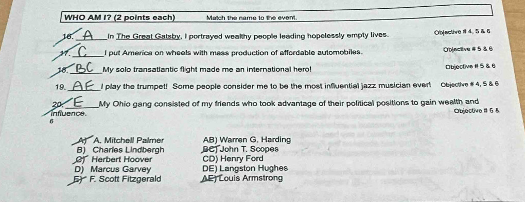 WHO AM I? (2 points each) Match the name to the event.
16. _In The Great Gatsby, I portrayed wealthy people leading hopelessly empty lives. Objective # 4, 5 & 6
_
11 I put America on wheels with mass production of affordable automobiles. Objective # 5 & 6
18. _My solo transatlantic flight made me an international hero!
Objective # 5 & 6
19._ I play the trumpet! Some people consider me to be the most influential jazz musician ever! Objective # 4, 5 & 6
20._ My Ohio gang consisted of my friends who took advantage of their political positions to gain wealth and
influence. Objective # 5 &
6
A) A. Mitchell Palmer AB) Warren G. Harding
B) Charles Lindbergh BC) John T. Scopes
C Herbert Hoover CD) Henry Ford
D) Marcus Garvey DE) Langston Hughes
F F. Scott Fitzgerald AE) Louis Armstrong