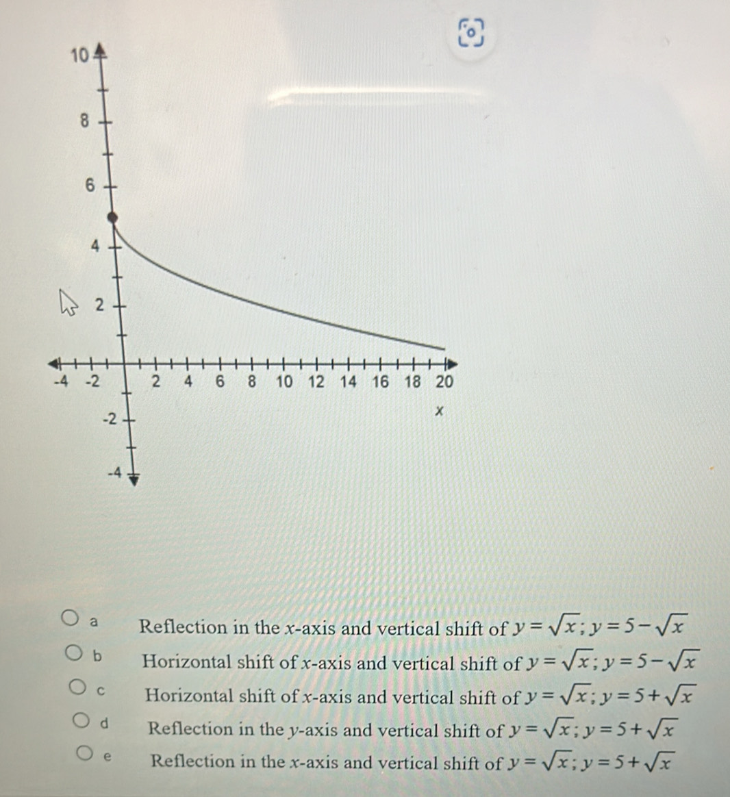 a Reflection in the x-axis and vertical shift of y=sqrt(x); y=5-sqrt(x)
b Horizontal shift of x-axis and vertical shift of y=sqrt(x); y=5-sqrt(x)
c Horizontal shift of x-axis and vertical shift of y=sqrt(x); y=5+sqrt(x)
d Reflection in the y-axis and vertical shift of y=sqrt(x); y=5+sqrt(x)
e Reflection in the x-axis and vertical shift of y=sqrt(x); y=5+sqrt(x)