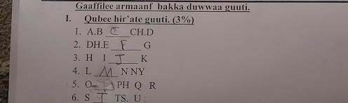 Gaaffilee armaanf bakka duwwaa guuti. 
I. Qubee hir’ate guuti. (3%) 
_ 
I. A.B CH. D
_ 
2. DH.E G 
3. H I _ K
_ 
4. L N NY 
5. O _PH Q R 
6. S _TS. U