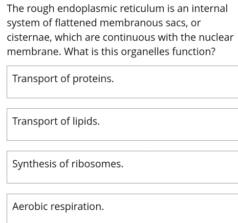 The rough endoplasmic reticulum is an internal
system of flattened membranous sacs, or
cisternae, which are continuous with the nuclear
membrane. What is this organelles function?
Transport of proteins.
Transport of lipids.
Synthesis of ribosomes.
Aerobic respiration.