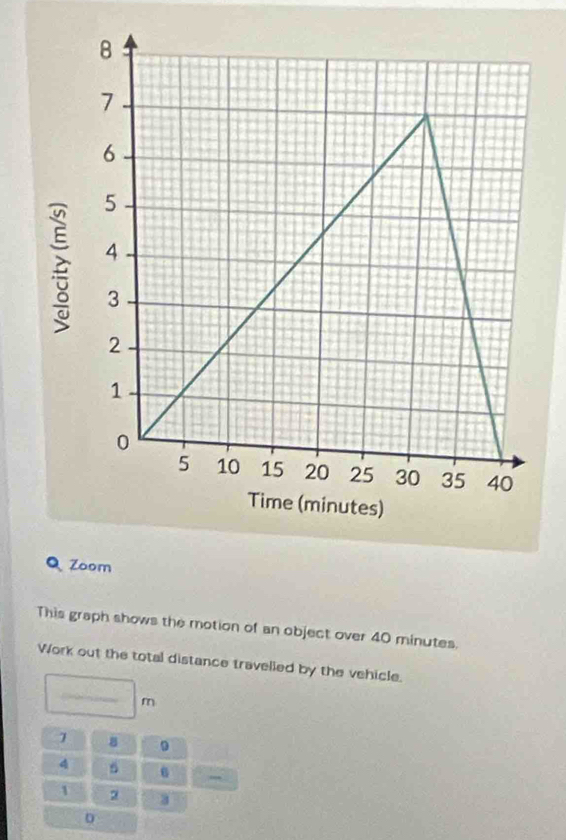 Zoom 
This graph shows the motion of an object over 40 minutes. 
Work out the total distance travelled by the vehicle. 
=_  _ m
7 8 0
4
_
1 2 3
D