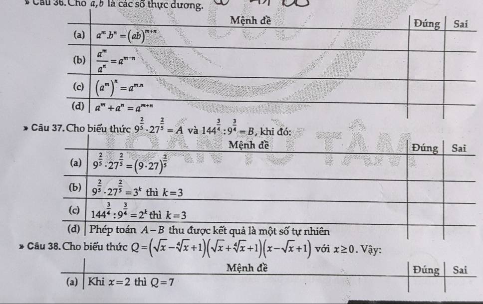 Cầu 36. Cho 4, b là các số thực dương.
Câu 37. Cho biểu thức 9^(frac 2)5· 27^(frac 2)5=A và 144^(frac 3)4:9^(frac 3)4=B
Câu 38. Cho biểu thức Q=(sqrt(x)-sqrt[4](x)+1)(sqrt(x)+sqrt[4](x)+1)(x-sqrt(x)+1) với x≥ 0. Vậy: