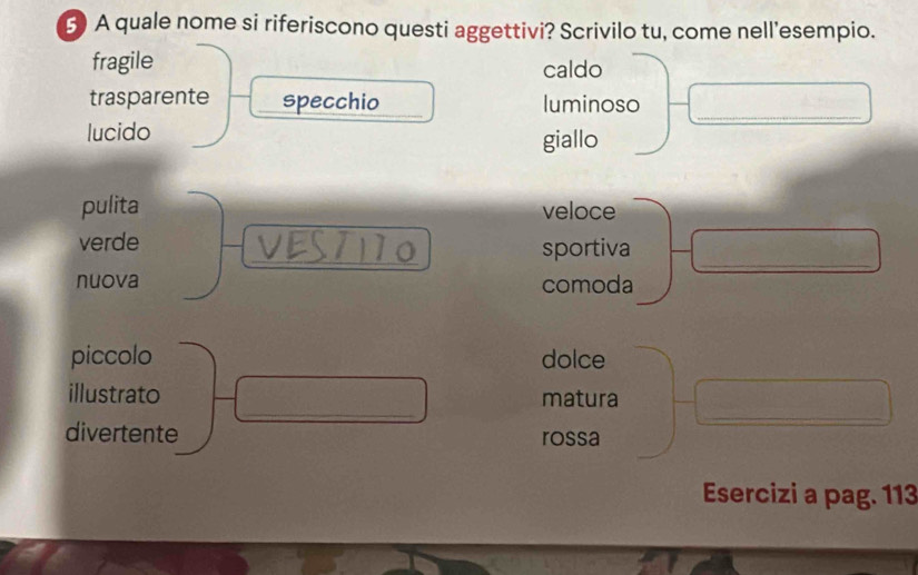 A quale nome si riferiscono questi aggettivi? Scrivilo tu, come nell'esempio.
fragile caldo
trasparente specchio luminoso
lucido giallo
pulita veloce
verde VES7170 sportiva
nuova comoda
piccolo dolce
illustrato matura
divertente rossa
Esercizi a pag. 113