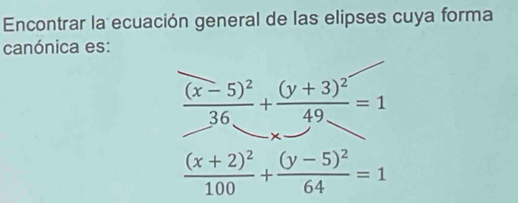 Encontrar la ecuación general de las elipses cuya forma
canónica es:
frac (x-5)^236+frac (y+3)^249=1
frac (x+2)^2100+frac (y-5)^264=1