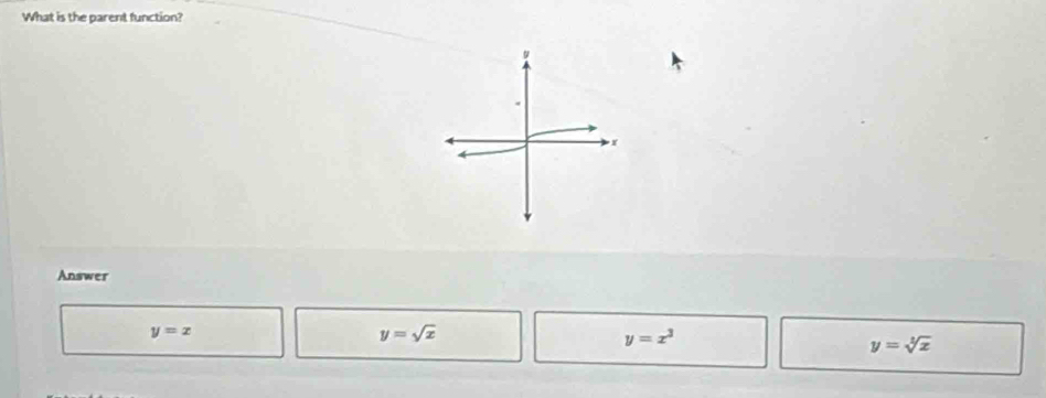 What is the parent function?
Answer
y=x
y=sqrt(x)
y=x^3
y=sqrt[3](x)