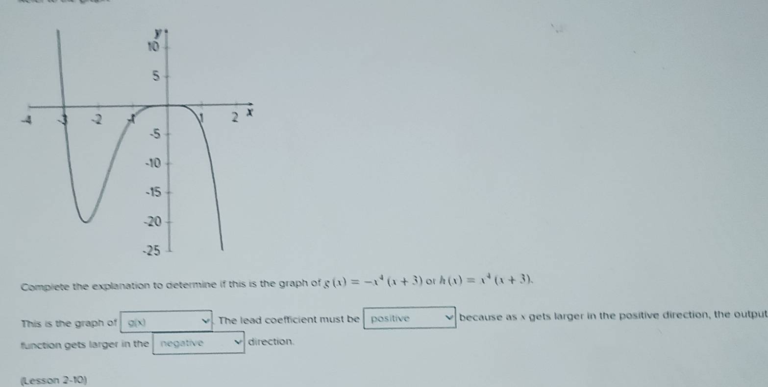 Compiete the explanation to determine if this is the graph of g(x)=-x^4(x+3) or h(x)=x^4(x+3). 
This is the graph of g(x) The lead coefficient must be positive because as x gets larger in the positive direction, the output
function gets larger in the negative direction.
(Lesson 2-10)