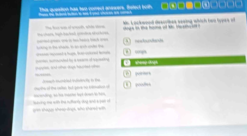 This question has two correct answers. Select both ====□□□□
Press the Subut bulion to see if your choices are correct
Mr. Lockwood describes seeing which two types of
The foor was of smoot, whto stone dogs in the home of Mr. Heathc l 
the chairs, high backed, primtive struckures,
painted green; one or bwo heaxy black ones A neadoundlands
lurking in the shade. In an arch under the
dresser reposed a huge, liver-colored femals. R corgis
ponter surrounded by a swarm of squeating 
pupples; and other dogs haunted other ① sheep đoạs
receases. B pointers
Joseph mumbled indistinclly in the
deptha of the cellar, but gave no intimation of E poodies
ascending; so his master lept down to him,
leaving me with the ruffianly dog and a pair of 
grim shaggy sheep-dogs, who shared with