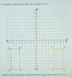 he graph shows rectangles DEFG and D'ET'G'.
Which of the following transformations maps DEFG onto