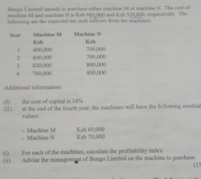 Bungo Limited intends to purchase either machine M or machine N. The cost of 
machine M and machine N is Ksh 680,000 and Ksh 920,000, respectively. The 
following are the expected net cash inflows from the machines: 
Additional information: 
(I) the cost of capital is 14%
(II) at the end of the fourth year, the machines will have the following residual 
values: 
- Machine M Ksh 60,000
- Machine N Ksh 70,000
(i) For each of the machines, calculate the profitability index. 
(ii) Advise the management of Bongo Limited on the machine to purchase. 
(15