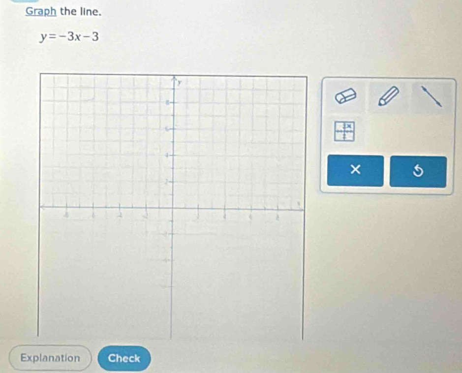 Graph the line.
y=-3x-3
× 5 
Explanation Check