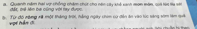 Quanh năm hai vợ chồng chăm chút cho nên cây khế xanh mơn mởn, quả lúc liu sát 
đất, trẻ lên ba cũng với tay được. 
b. Từ đó ròng rã một tháng trời, hằng ngày chim cứ đến ăn vào lúc sáng sớm làm quả 
vợi hẳn đi.