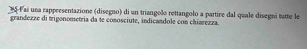 #5 Fai una rappresentazione (disegno) di un triangolo rettangolo a partire dal quale disegni tutte le 
grandezze di trigonometria da te conosciute, indicandole con chiarezza.